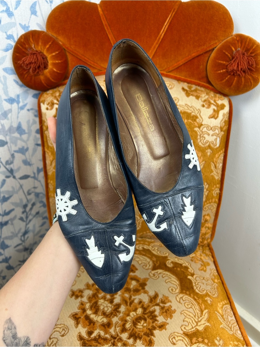 Navy Leather Nautical Embellished Flats